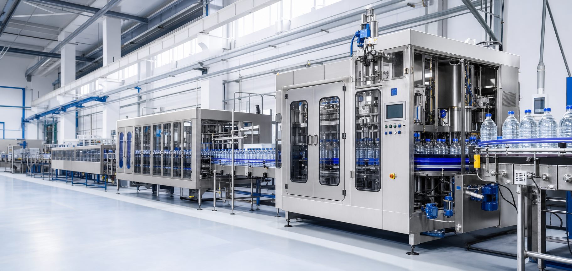 Automatic PET bottled water rinsing filling capping line with conveyors in a clean factory