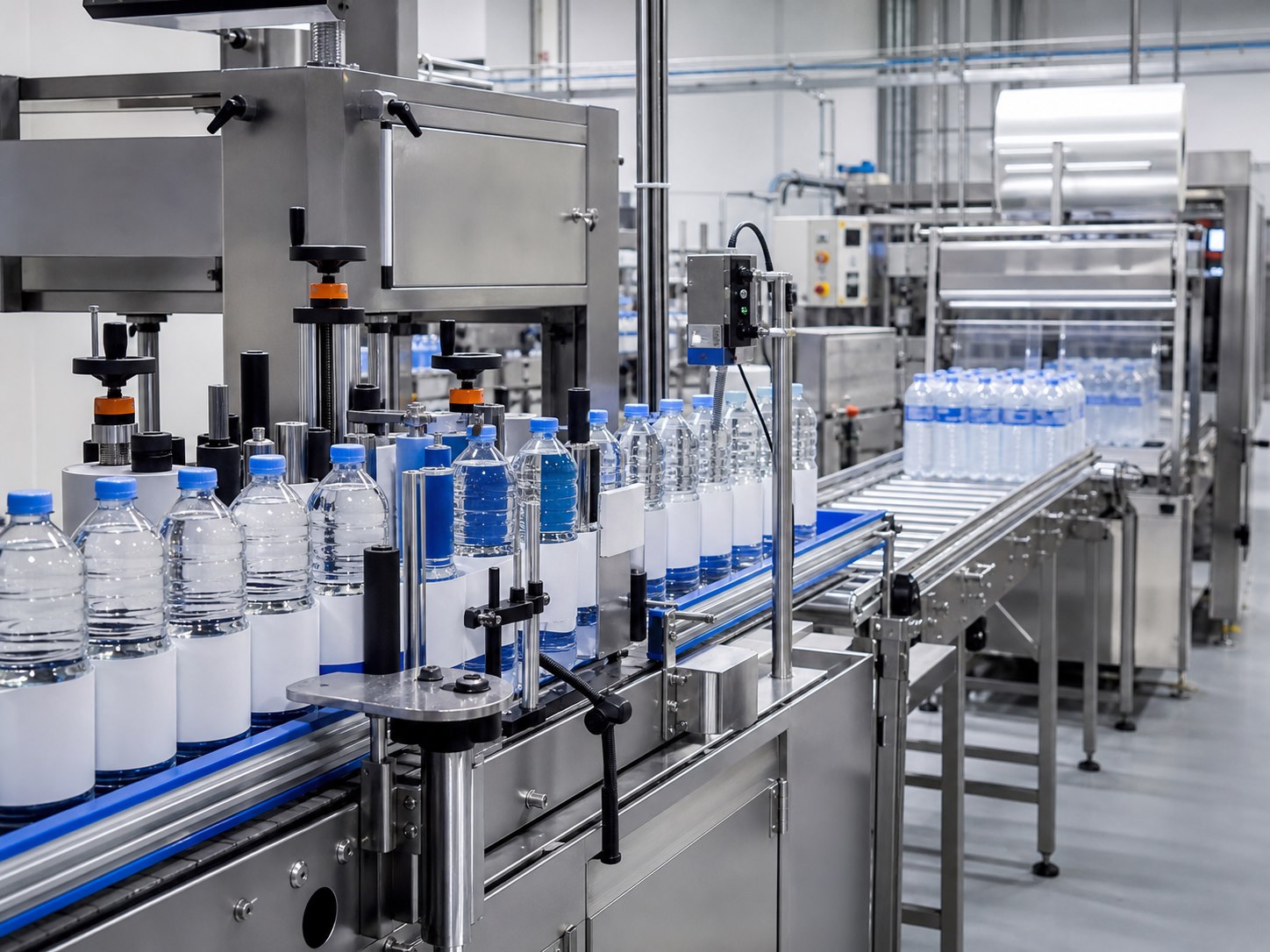 Downstream bottled water filling line conveyor and packing area